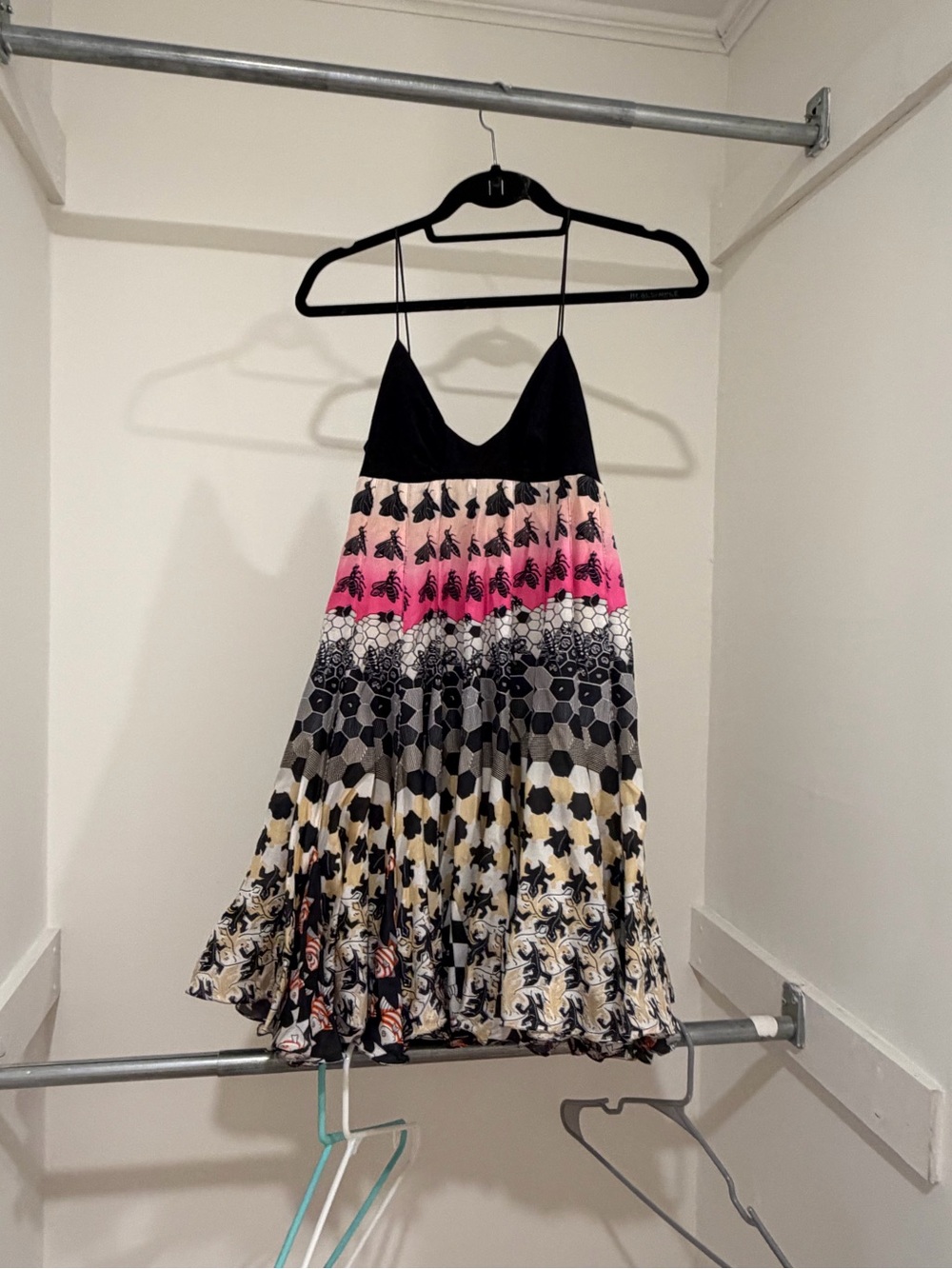 Pleated Mixed-Print Midi Skirt in Pink, Black & Cream